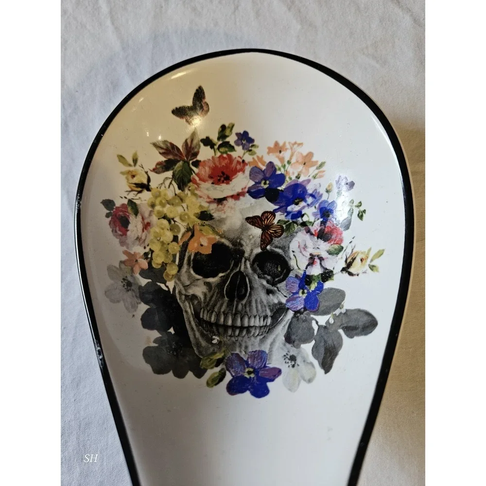 Coventry Skull Garden Spoon Rest White, Black Florals Day Of The Dead 9.5